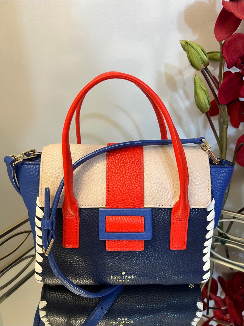 Kate Spade Colorblock Leather Satchel Crossbody Bag Whipstitch Navy Red Blue NWT